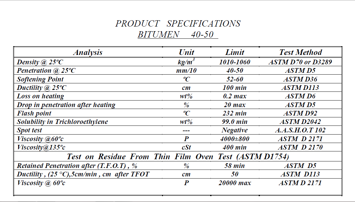 مشخصات قیر گرید 40.50 متین کیمیا